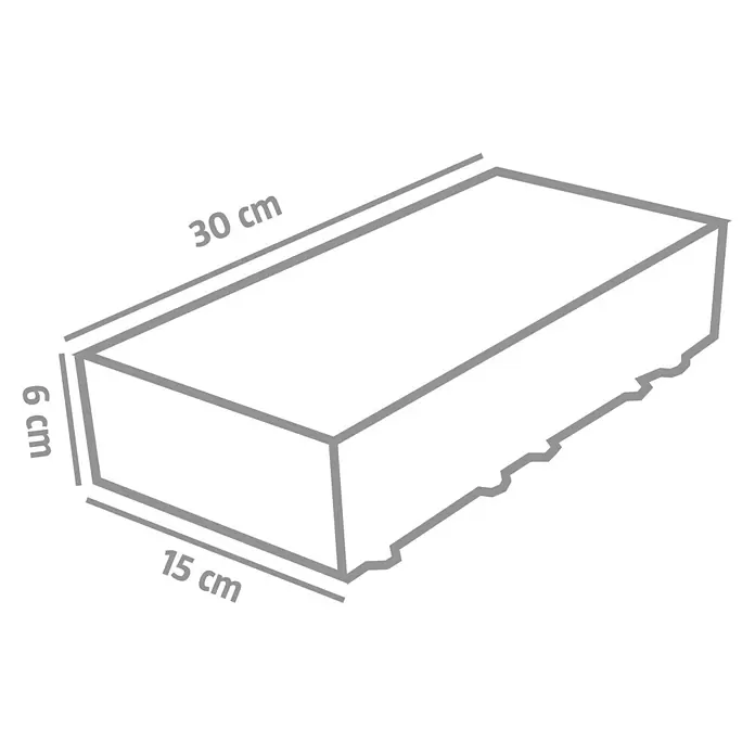 EHL Pflasterstein Top Drän - Muschelcreme, 30 x 15 x 6 cm, Rechteckig - Diagramm eines rechteckigen Blocks mit den Maßen: Länge 30 cm, Breite 15 cm, Höhe 6 cm.