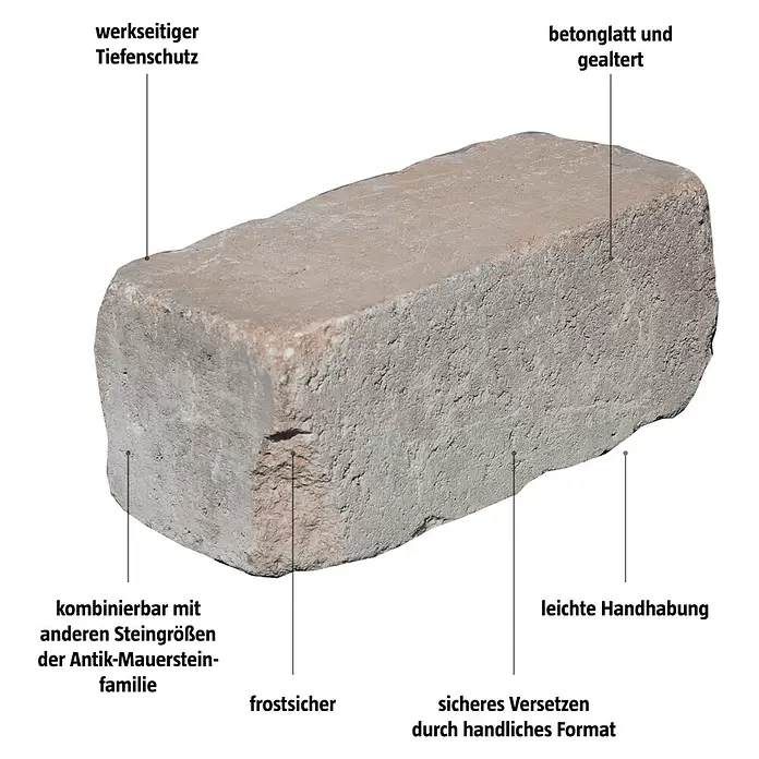 Mauerstein Times Antik Light - 36 x 14 x 12 cm, Sandstein, Beton - Gealterter Beton-Mauerstein in Hellbraun-Grau, strukturiert, für einfache Handhabung und Kombination mit anderen Steingrößen.