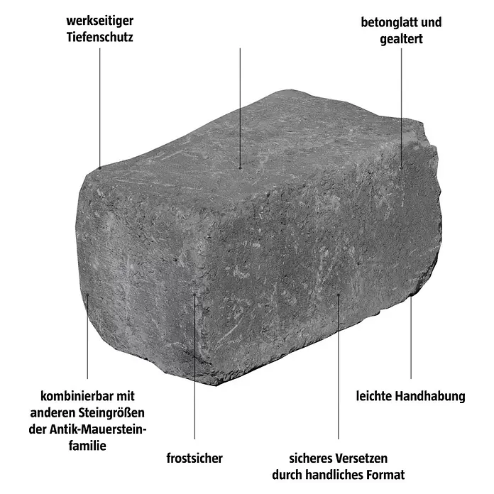 Mauerstein Times Antik Light - 24 x 14 x 12 cm, Anthrazit, Beton - Ein einzelner, rauer, grauer Steinblock, der wie ein antiker Beton- oder Natursteinpflasterstein wirkt.