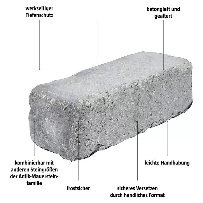 Mauerstein Times Antik Light - 36 x 14 x 12 cm, Grau/Anthrazit, Beton - Hellgrauer, gealterter Betonstein für Mauerwerk im Antik-Stil.