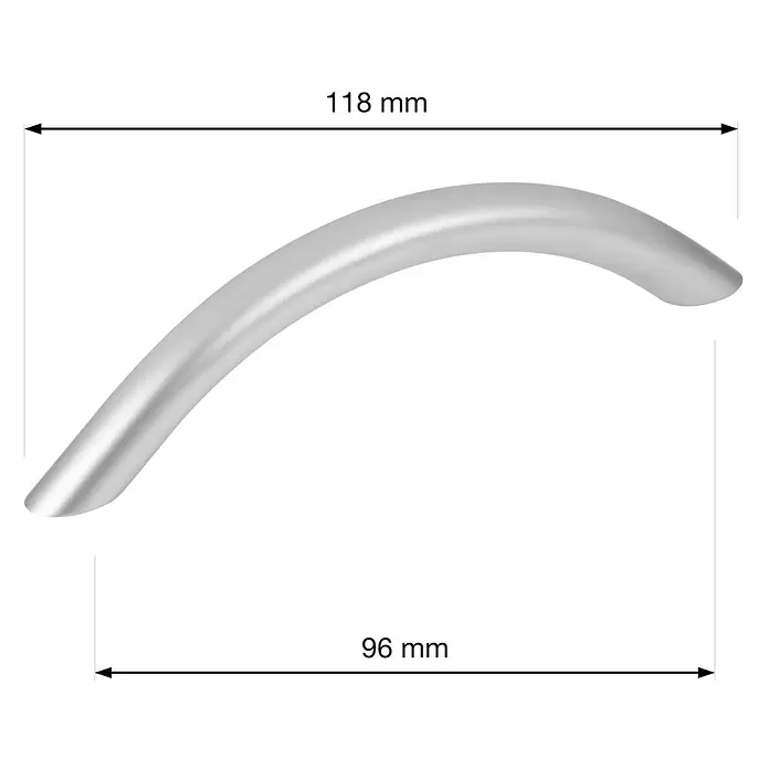 Walteco Möbelgriff Beta - Lochabstand: 96 mm, Sonstige, Verchromt matt - Gekrümmter Griff aus silbernem Metall, 118 mm lang mit 96 mm Lochabstand, für Schubladen oder Schränke.