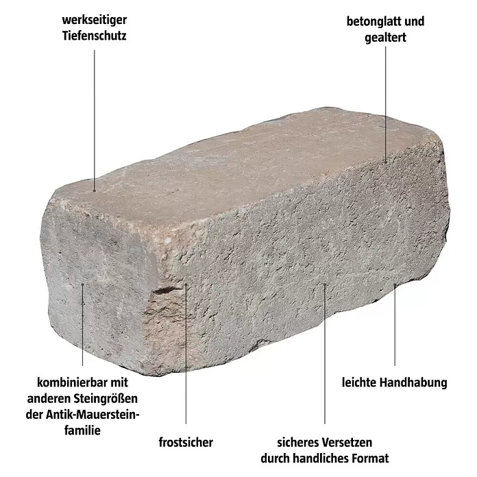 Mauerstein Times Antik Light - 30 x 14 x 12 cm, Muschelkalk, Beton - Ein beigefarbener, gealterter Mauerstein aus Beton, frostsicher und handlich für vielseitige Gestaltung.