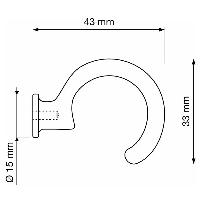 Walteco Garderobenhaken Brent - Ø x L: 15 x 33 mm, Breite: 43 mm, Anzahl Haken: 1 Stk., Brüniert - Technische Zeichnung eines C-förmigen Hakens: 43mm Länge, 33mm Höhe, 15mm Basisdurchmesser.