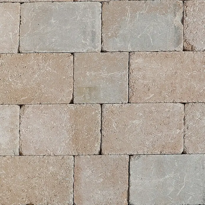 Pflasterstein Times - Sandstein, 20 x 30 x 7 cm, Rechteckig - Nahaufnahme einer Mauer aus beigen Pflastersteinen, die ein rustikales und natürliches Aussehen vermitteln.