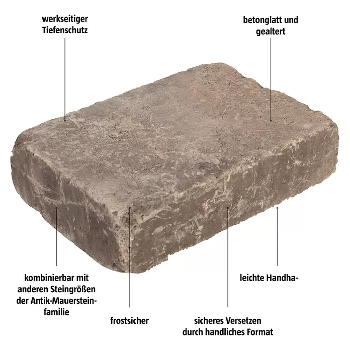 Pflasterstein Times - Muschelkalk, 20 x 30 x 7 cm, Rechteckig - Rechteckiger, graubrauner Betonstein mit gealterter Oberfläche, frostsicher und handlich, Teil der Antik-Mauerstein-Familie.
