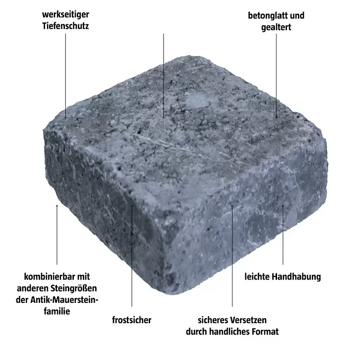 Pflasterstein Times - Anthrazit, 20 x 20 x 7 cm, Quadratisch - Grauer, rechteckiger Betonpflasterstein mit gealterter, texturierter Oberfläche, leicht zu handhaben und frostsicher.