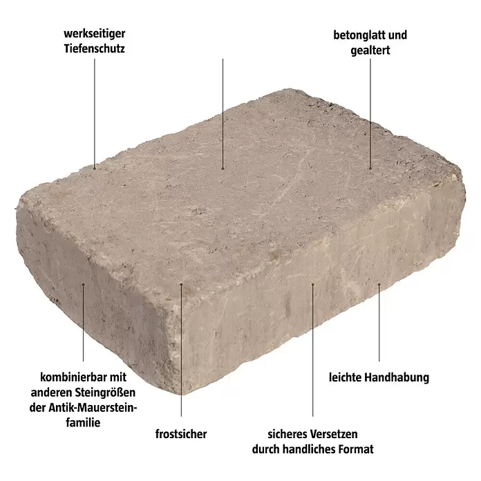 Pflasterstein Times - Grau/Anthrazit, 20 x 30 x 7 cm, Rechteckig - Ein hellgrauer, rechteckiger, gealterter Betonmauerstein mit Tiefenschutz, frostsicher und handlich.