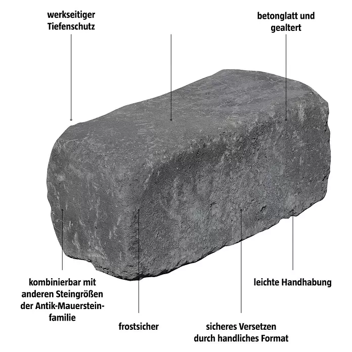 Mauerstein Times Antik Light - 30 x 14 x 12 cm, Anthrazit, Beton - Dunkelgrauer, gealterter Betonmauerstein mit Tiefenschutz. Handlich, frostsicher und kombinierbar mit anderen Antik-Mauersteinen.