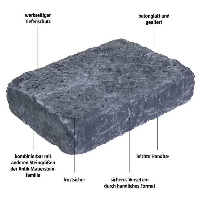 Pflasterstein Times - Anthrazit, 20 x 30 x 7 cm, Rechteckig - Ein strukturierter, rechteckiger grauer Betonstein mit gealterter Oberfläche.