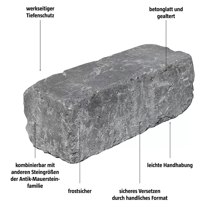 Mauerstein Times Antik Light - 36 x 14 x 12 cm, Anthrazit, Beton - Gealterter grauer Betonstein mit Tiefenschutz, frostsicher, handlich für leichte Verlegung und kombinierbar mit Antik-Mauersteinen.