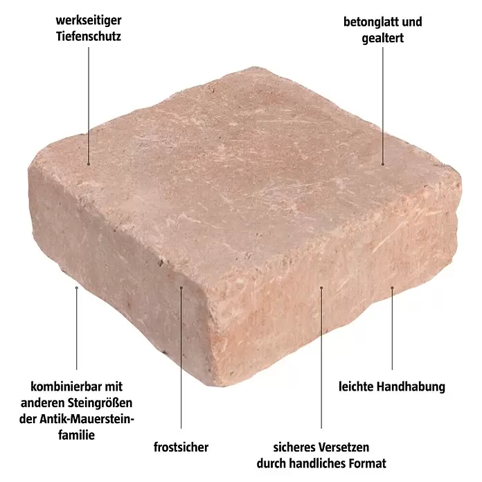 Pflasterstein Times - Sandstein, 20 x 20 x 7 cm, Quadratisch - Rotbrauner, gealterter Beton-Mauerstein im Antik-Look, frostsicher und handlich.