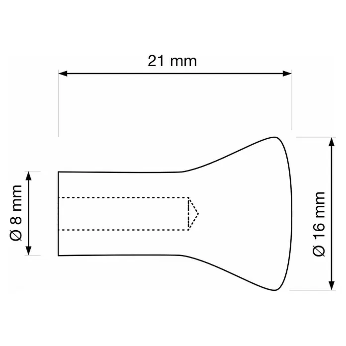 Walteco Möbelknopf Tucson - Durchmesser: 16 mm, Sonstige, Vernickelt matt - Technische Zeichnung eines 21mm langen Verbinders: Ø8mm zylindrisches Ende, Ø16mm ausgestelltes Ende, mit Innenhohlraum.