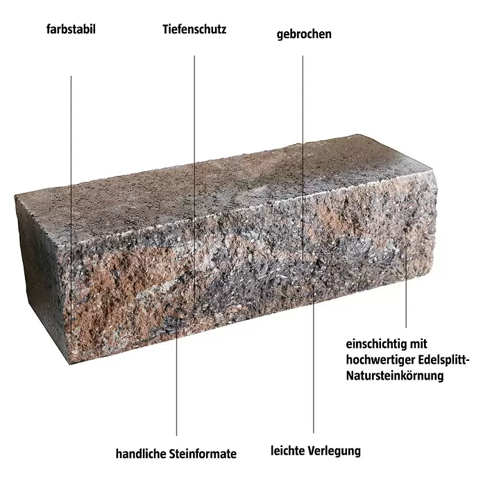 EHL Mauerstein Anzio Light - 50 x 18 x 15 cm, Muschelkalk, Beton - Rechteckiger Betonpflasterstein mit texturierter, mehrfarbiger Oberfläche aus Natursteinsplitt.