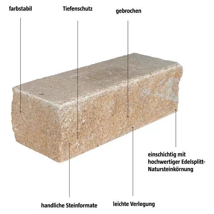 EHL Mauerstein Anzio Light - 50 x 18 x 15 cm, Sandstein, Beton - Ein rechteckiger, strukturierter Betonpflasterstein in gesprenkeltem Beige und Grau, ideal für Wege und Terrassen.
