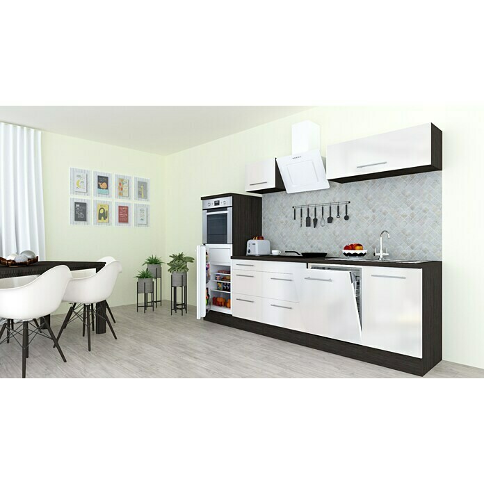 Respekta Premium Composición de cocina (Ancho: 280 cm, Con dispositivos eléctricos, Blanco de alto brillo)