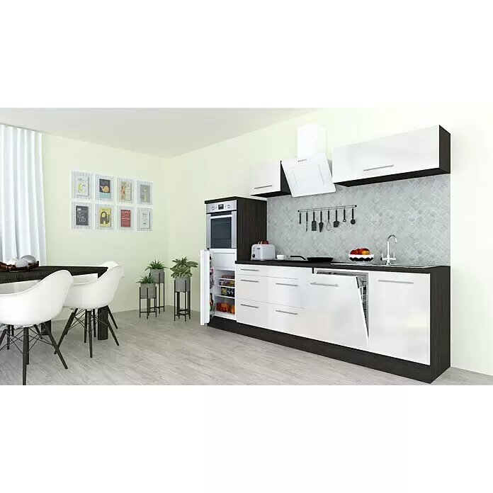 Respekta Premium Composición de cocina Amanda - Ancho: 280 cm, Roble/Blanco, Con electrodomésticos - Una cocina moderna con muebles de madera oscura y blancos, horno, nevera y lavavajillas integrados, junto a una mesa y sillas de comedor.