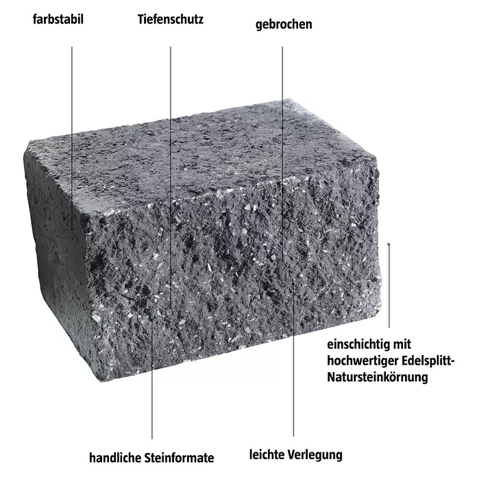 EHL Mauerstein Anzio Light - 25 x 18 x 15 cm, Anthrazit, Beton - Dunkelgrauer rechteckiger Pflasterstein mit rauen, gebrochenen Oberflächen und sichtbarer Natursteinkörnung.