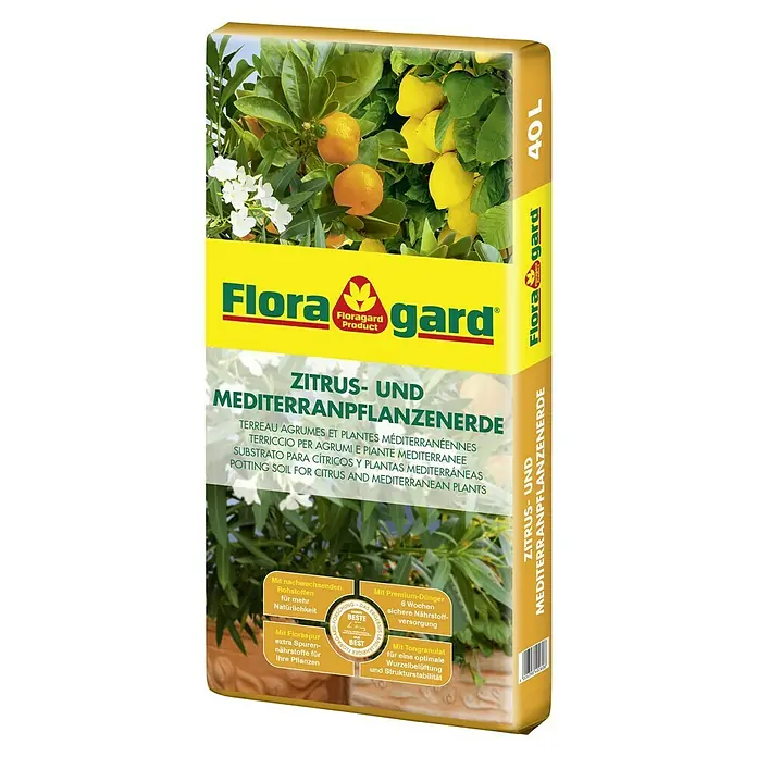 Floragard Mediterranpflanzenerde - 40 l - Abbildung einer 40L-Packung Floragard Zitrus- und Mediterranpflanzenerde, ideal für gesundes Wachstum von Zitrus- und mediterranen Pflanzen.