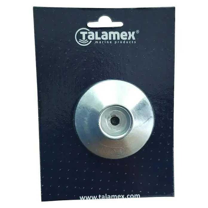 Talamex Ruderblattanode - Zink, Durchmesser: 90 mm, Salzwasser, Lochdurchmesser: 8 mm - Nahaufnahme eines Talamex Marine-Produkts auf einer Produktkarte, das ein poliertes Metallteil mit einer zylindrischen Aussparung in der Mitte zeigt.