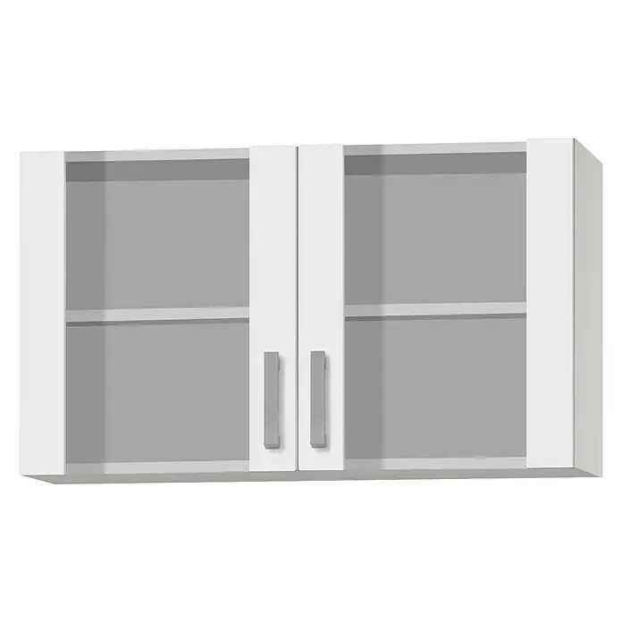 Optifit Oslo Glas-Hängeschrank - 34,6 x 100 x 57,6 cm, Weiß - Abbildung eines weißen Küchenoberschranks mit zwei Türen und silbernen Griffen. Praktische Stauraumlösung für die Küche.