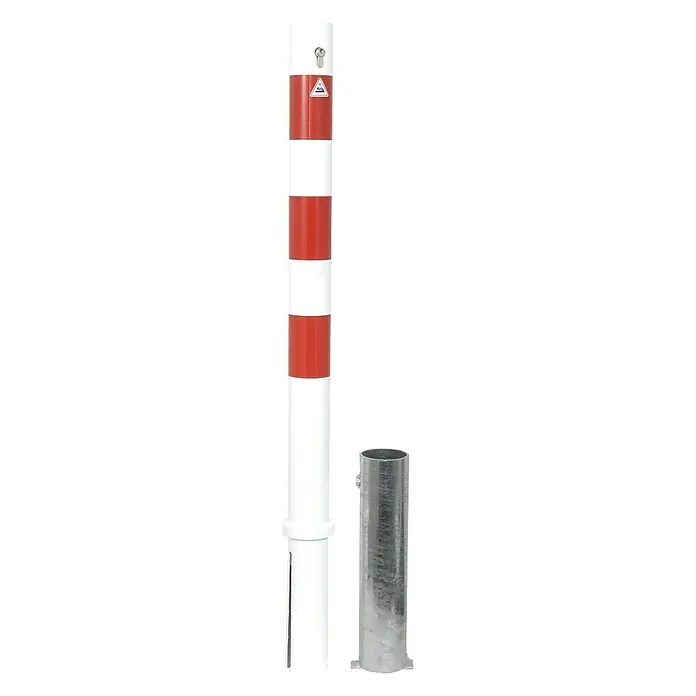 Schake Sperrpfosten - Ø x H: 76 x 1.300 mm, Stahl, Einbetonieren, Weiß/Rot, Profilzylinderschloss - Absperrpfosten mit rot-weißen Streifen und Bodenhülse zur flexiblen Montage. Robuster Schutz für den Außenbereich.