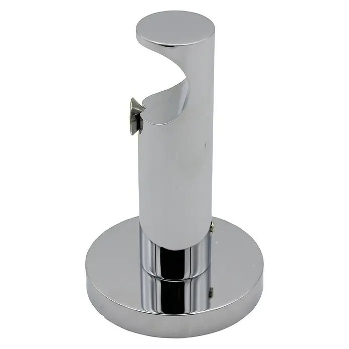 Expo Ambiente Träger Turn - Chrom, Geeignet für: Gardinenstangen Ø 20 mm, 7,9 cm - Nahaufnahme einer glänzenden, verchromten Gardinenstangenhalterung, die auf einem schwarzen Hintergrund steht.