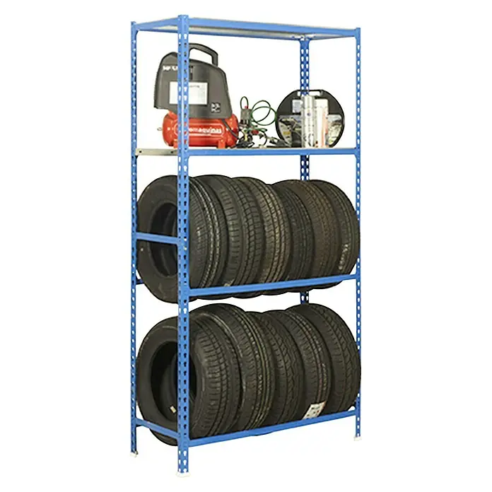 Simonrack Simonauto Estantería para neumáticos Plus - Al x An x Pr: 200 x 100 x 40 cm, Capacidad de carga por viga: 200 kg, Número de baldas: 2 ud., Inserción, Azul - Estantería para neumáticos con neumáticos de coche y herramientas en tres niveles. Solución de almacenamiento para garaje.