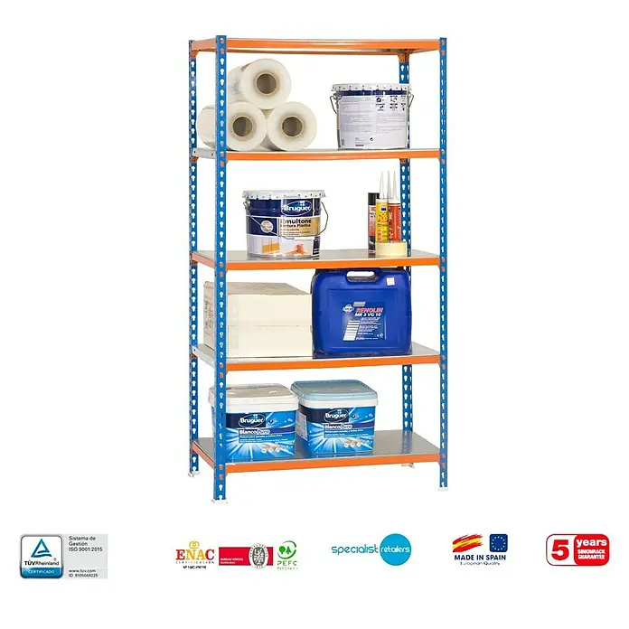 Simonrack Simonclick Estantería metálica Mini - Al x An x Pr: 180 x 80 x 40 cm, Capacidad de carga por balda: 180 kg, Número de baldas: 5 ud., Inserción, Azul/Naranja - Imagen de una estantería metálica azul de cinco niveles, llena de diversos materiales de pintura y pintura.