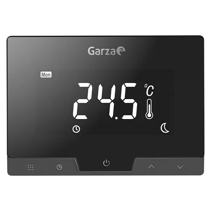 Garza Smart Home Cronotermostato - Calefacción - Toma de un termostato inteligente Garza con una pantalla digital que indica 24,5 °C.