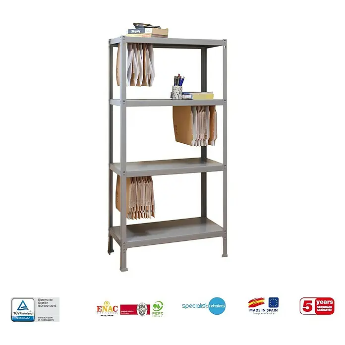 Simonrack Simonhome Estantería metálica Fileclick Mini - Al x An x Pr: 160 x 80 x 36 cm, Número de baldas: 4 ud., Inserción, Gris - Imagen de una estantería metálica gris con cuatro estantes, que muestra archivos y suministros de oficina.
