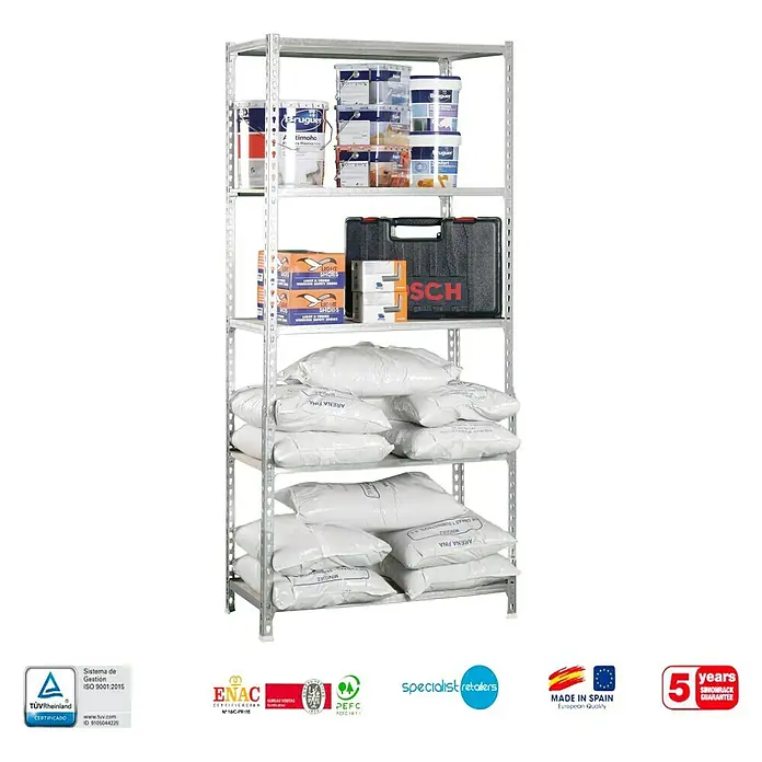 Simonrack Maderclick Estantería metálica Plus - Al x An x Pr: 200 x 100 x 30 cm, Capacidad de carga por balda: 150 kg, Número de baldas: 5 ud., Inserción, Galvanizado - Robusta estantería metálica de cinco niveles con botes de pintura, caja de herramientas y sacos de arena, ideal para diversas necesidades de almacenamiento.