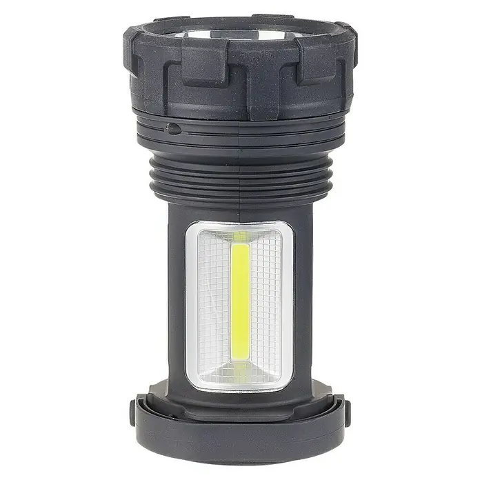 Westline Handscheinwerfer 3 in 1 - L x B x H: 12,5 x 5 x 8,5 cm - Nahaufnahme einer schwarzen Laterne mit COB-LED-Seitenlicht, ideal für Camping und Notfälle, mit robustem Design.