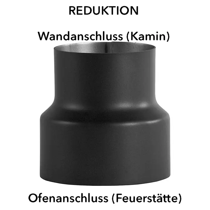 Bertrams Reduzierstück - Durchmesser: 150 mm - 140 mm, Stahl - Bild einer Ofenrohrreduzierung mit dem Text "Reduktion, Wandanschluss (Kamin), Ofenanschluss (Feuerstätte)".