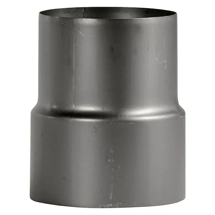 Bertrams Reduzierstück - Durchmesser: 120 mm - 110 mm, Schwarz mit Blauglanz - Nahaufnahme eines silberfarbenen Auspuffrohrverbinders, der verwendet wird, um zwei Rohre mit unterschiedlichen Durchmessern zu verbinden.