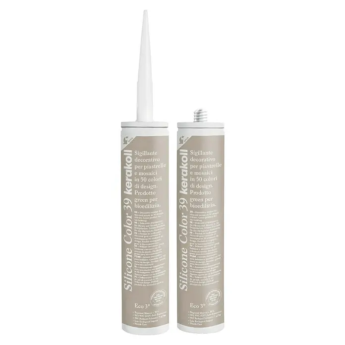 Kerakoll Silicona universal Color - Tono de color: 39, 310 ml - Imagen del producto de dos tubos de Silicone Color 39 Kerakoll, un sellador decorativo para azulejos y mosaicos en 50 colores.
