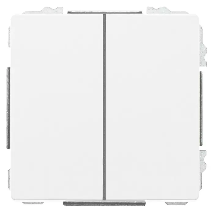 Siemens Delta Style Doppelwechselschalter SIE044226 - Polar Weiß, Glänzend, Unterputzmontage, 10 A - Weißer Doppelwippenschalter-Einsatz mit dünner grauer Trennlinie und Befestigungselementen.