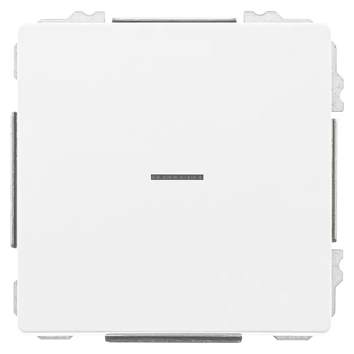Siemens Delta Style Wechselschalter mit Glimmlampe SIE044233 - Polar Weiß, Glänzend, Unterputzmontage, 10 A - Weißes, rechteckiges Elektromodul mit mittigem horizontalen Schlitz und sichtbarem Metallmontagerahmen.