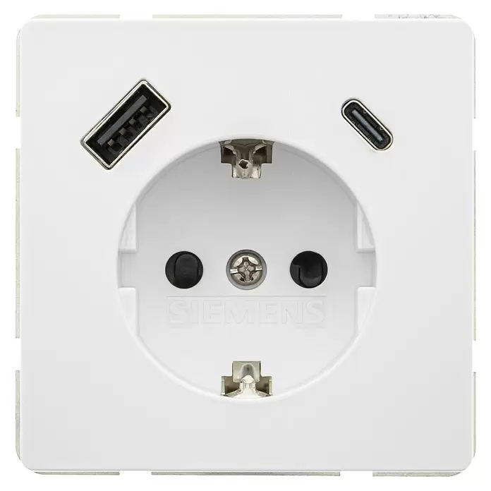 Siemens Delta Style USB-Steckdose SIE044271 - Polar Weiß, Glänzend, Kunststoff, Unterputzmontage - Weiße Siemens Steckdose mit integrierten USB-A und USB-C Ladeanschlüssen.