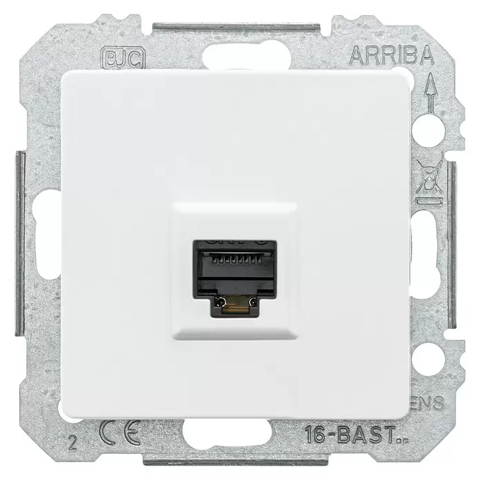 Siemens DELTA Mega Netzwerk-Anschlussdose SIE044103 - Polar Weiß, Glänzend, 1 Stk. - Weißer RJ45-Netzwerkdosenmodul mit einem Anschluss und grauem Metall-Montagerahmen.