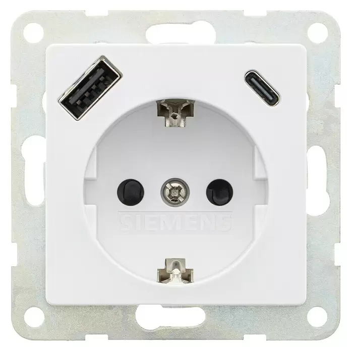Siemens DELTA Mega USB-Steckdose USB A & USB C SIE044080 - Polar Weiß, Glänzend, Kunststoff, Unterputzmontage - Weißes Siemens Schuko-Steckdose mit integrierten USB-A- und USB-C-Ladeanschlüssen auf Metallrahmen.