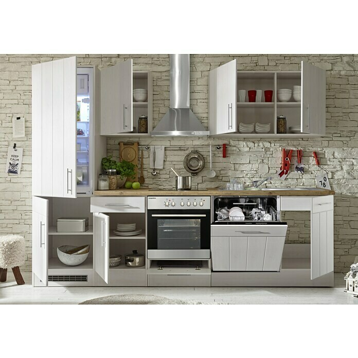 Respekta Premium Küchenzeile (Breite: 280 cm, Mit Elektrogeräten, Lärche Weiß-Nachbildung)