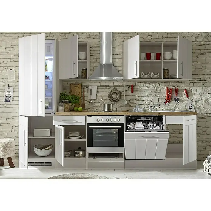 Respekta Premium Küchenzeile Anton - Breite: 280 cm, Weiß, Mit Elektrogeräten - Moderne Küche mit weißen Schränken, einem Edelstahlherd und einer Spülmaschine, die eine praktische und stilvolle Kochumgebung bietet.