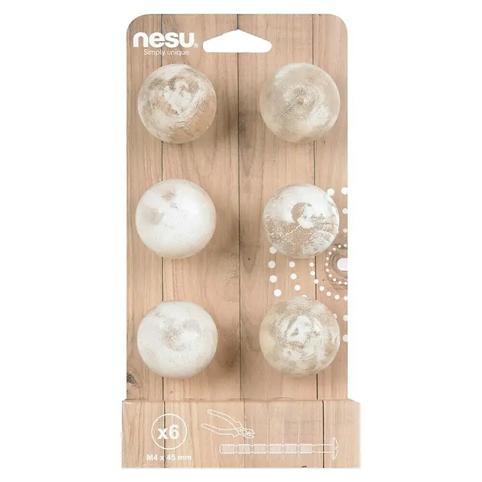 Nesu Pomo para muebles Decapado - 6 ud., Ø x Al: 35 x 35 mm, Madera - Primer plano de un paquete de seis pomos esféricos para muebles Nesu. Ideal para adornar muebles, con tornillos a juego.