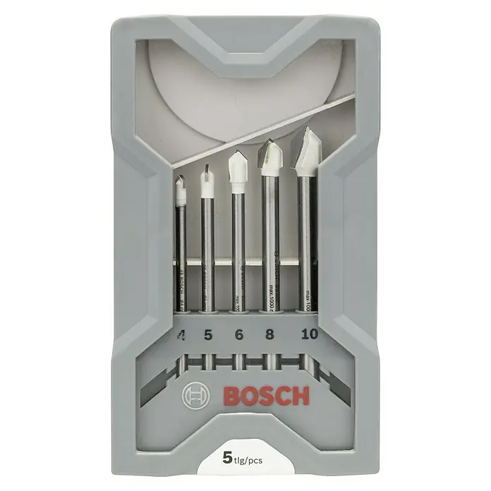 Bosch Bohrer-Set CYL-9 - Durchmesser Bohrer: 10 mm - Ein Set von Bosch Glasbohrern in verschiedenen Größen, ordentlich in einer grauen Kunststoffbox verpackt, ideal für präzise Bohrarbeiten.