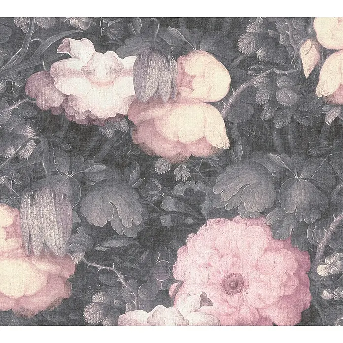 A.S. Création Metropolitan Stories Vliestapete Aquarell-Blume - Grau/Rosa, Floral, 10,05 x 0,53 m - Nahaufnahme einer Blumenvliestapete in dunklen Farbtönen mit einem Vintage-Blumenmuster für ein elegantes Ambiente.