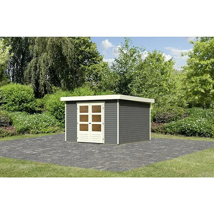 Karibu Gartenhaus Askola 6 - Außenmaß inkl. Dachüberstand (B x T): 334 x 331 cm, Holz, Terragrau, Mit Seitendach - Ein modernes Gartenhaus in Grau mit weißen Akzenten und Doppeltüren, umgeben von Grün und gepflastertem Boden. Praktischer Stauraum für den Garten.