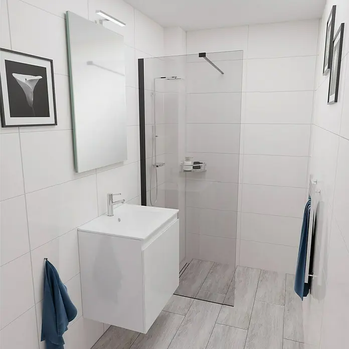 Camargue Espacio Badmöbel-Set E73 - 60 cm, Gama weiß glänzend - Helles Badezimmer mit einer modernen Waschtischkombination, einer begehbaren Dusche und einer stilvollen Dekoration, die eine beruhigende Atmosphäre schafft.