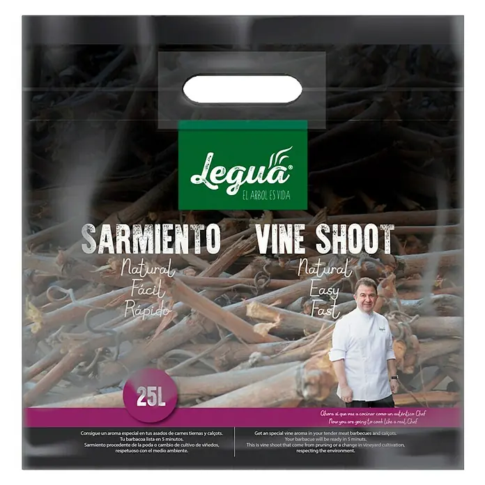 Legua Leña para encender  de Sarmientos - 3 kg - Imagen del producto: sarmientos de vid Legua 25L, naturales, fáciles y rápidos para un aroma especial en barbacoas de carne y calçots.