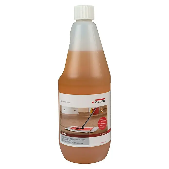 Egger Bodenreiniger Clean-It - 1 l - Eine Flasche EGGER Bodenreiniger, ein Reinigungsmittel speziell für Holzböden, verspricht Sauberkeit und antistatische Eigenschaften.