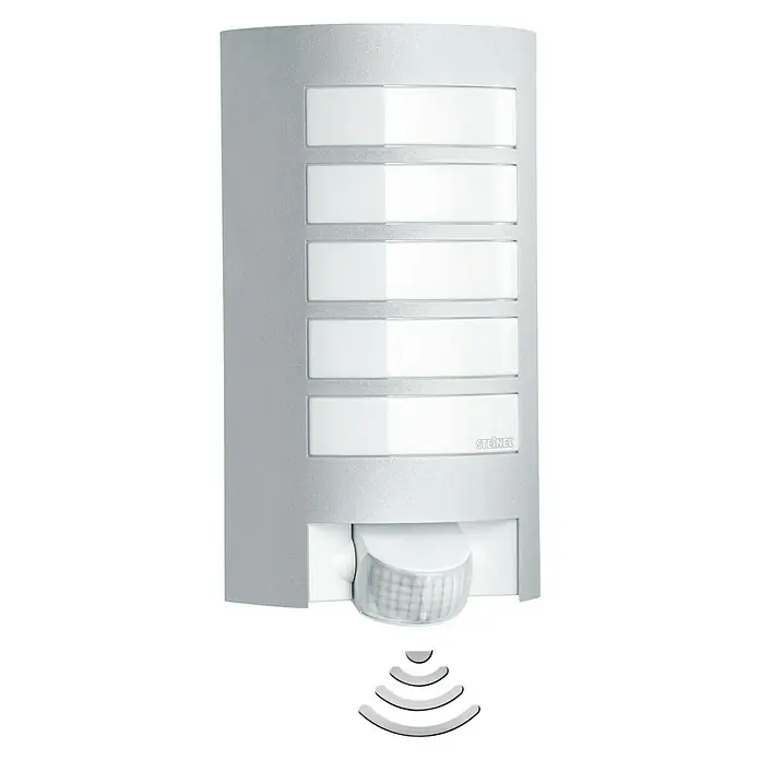 Steinel Sensor-Außenleuchte L 12 S silber - 60 W, 10,8 x 15,5 x 27,2 cm, Weiß/Silber, IP44 - Silberne Steinel Außenleuchte mit Bewegungsmelder und sechs rechteckigen Lichtflächen für den Außenbereich.\n